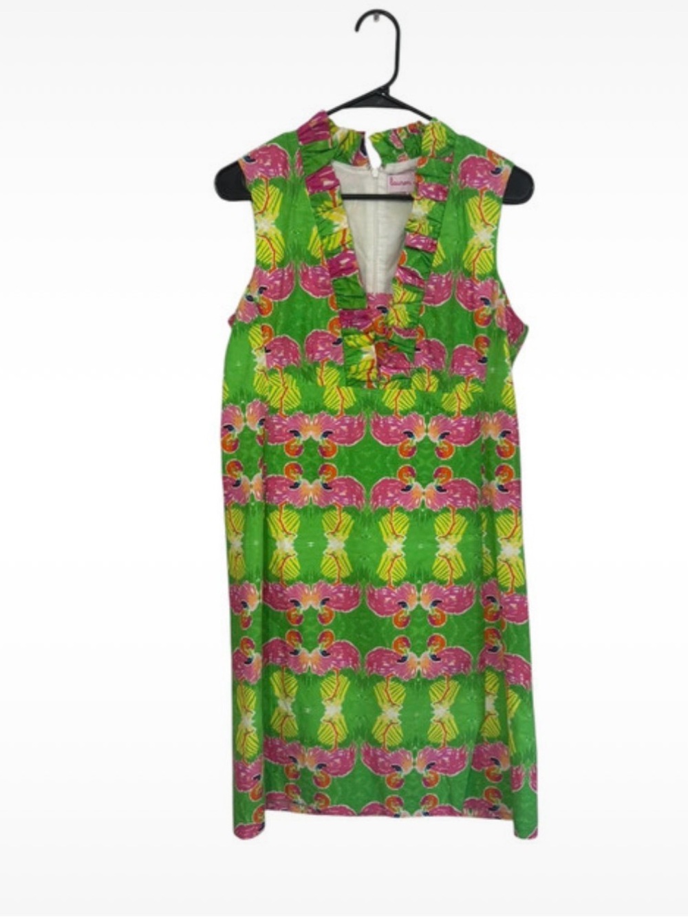 Bright Green Sleeveless Shift Dress with Pink Pattern
